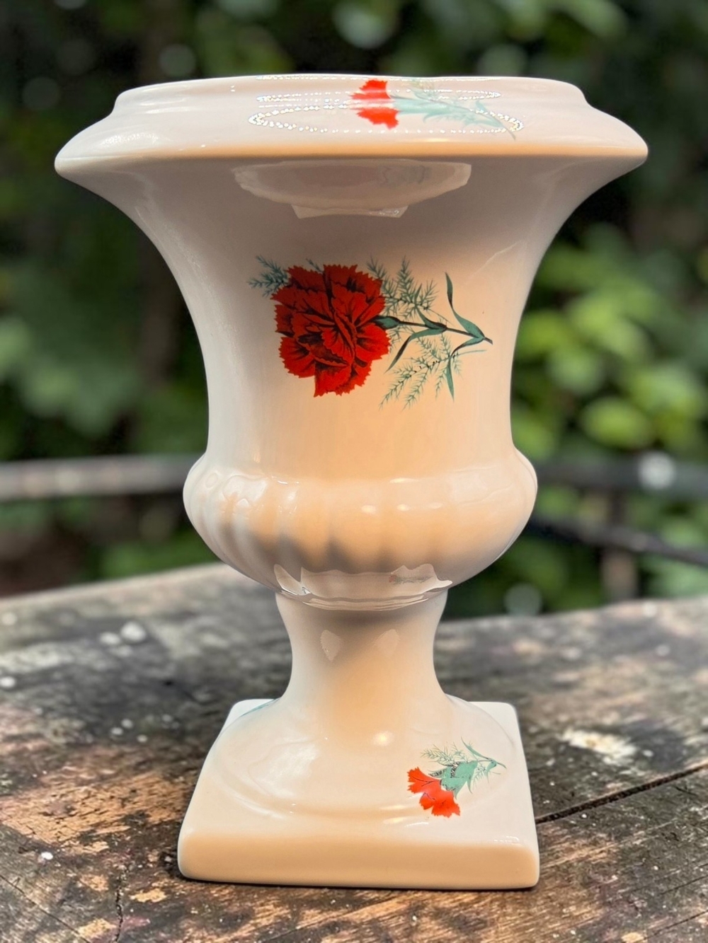 ​Vintage McCoy Pottery Pedestal Planter | Ivory Glaze with Red Floral Decal **